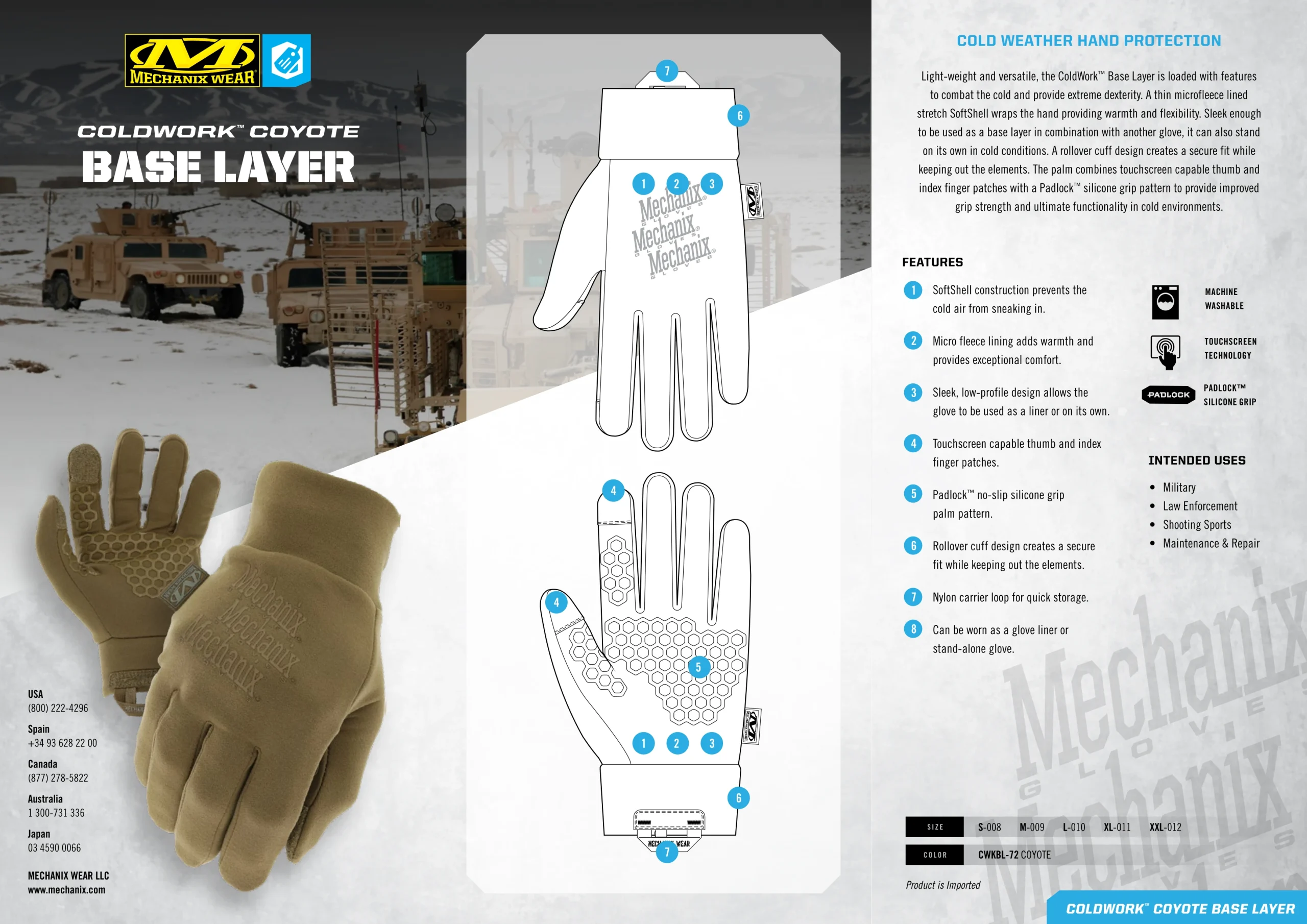 Mechanix Coldwork Base Layer Gloves Spec Sheet