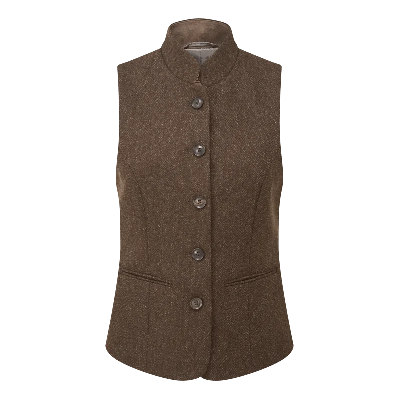 Schoffel Millport Tweed Nehru Waistcoat Chocolate Herringbone