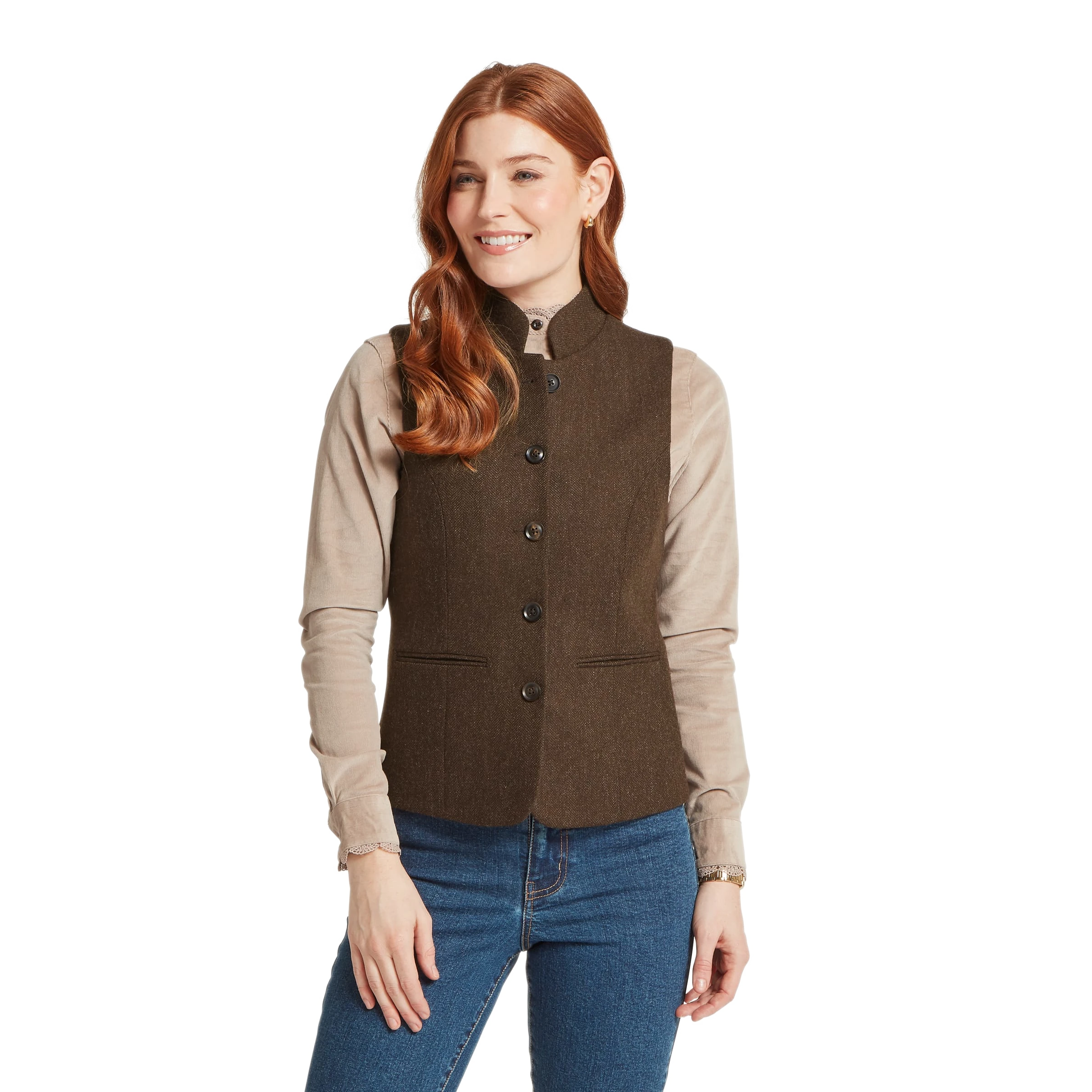 Schoffel Millport Tweed Nehru Waistcoat Chocolate Herringbone