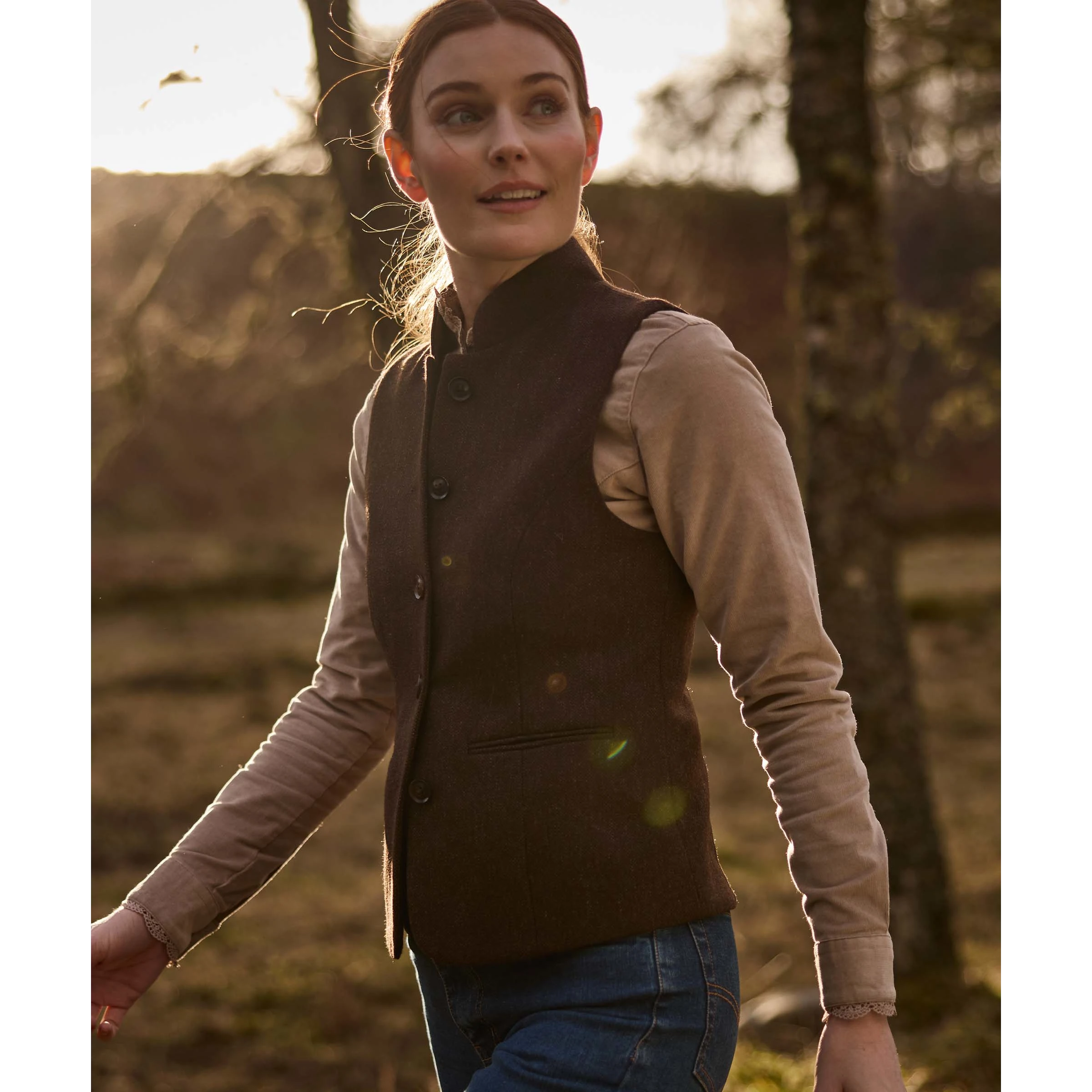 Schoffel Millport Tweed Nehru Waistcoat Chocolate Herringbone