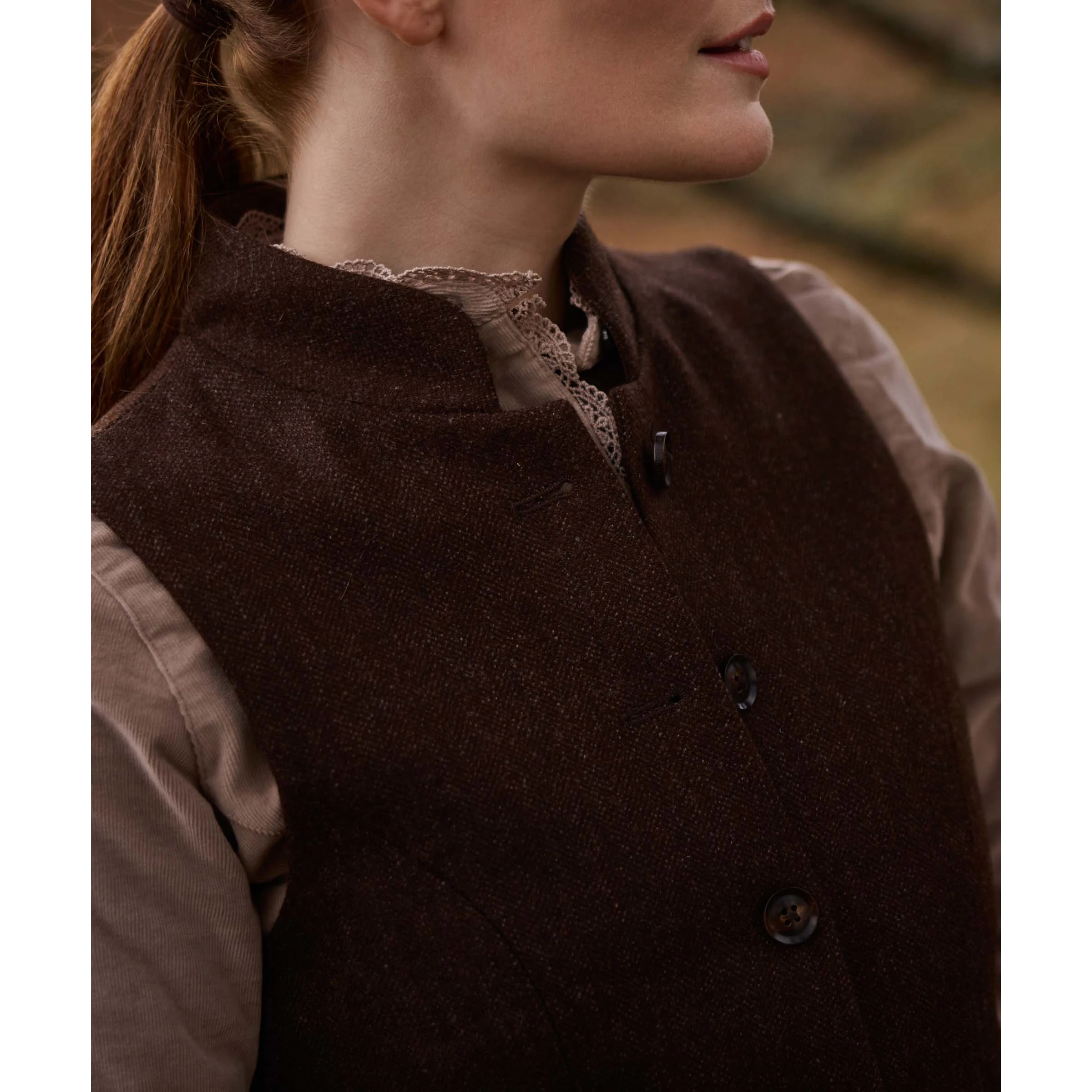 Schoffel Millport Tweed Nehru Waistcoat Chocolate Herringbone