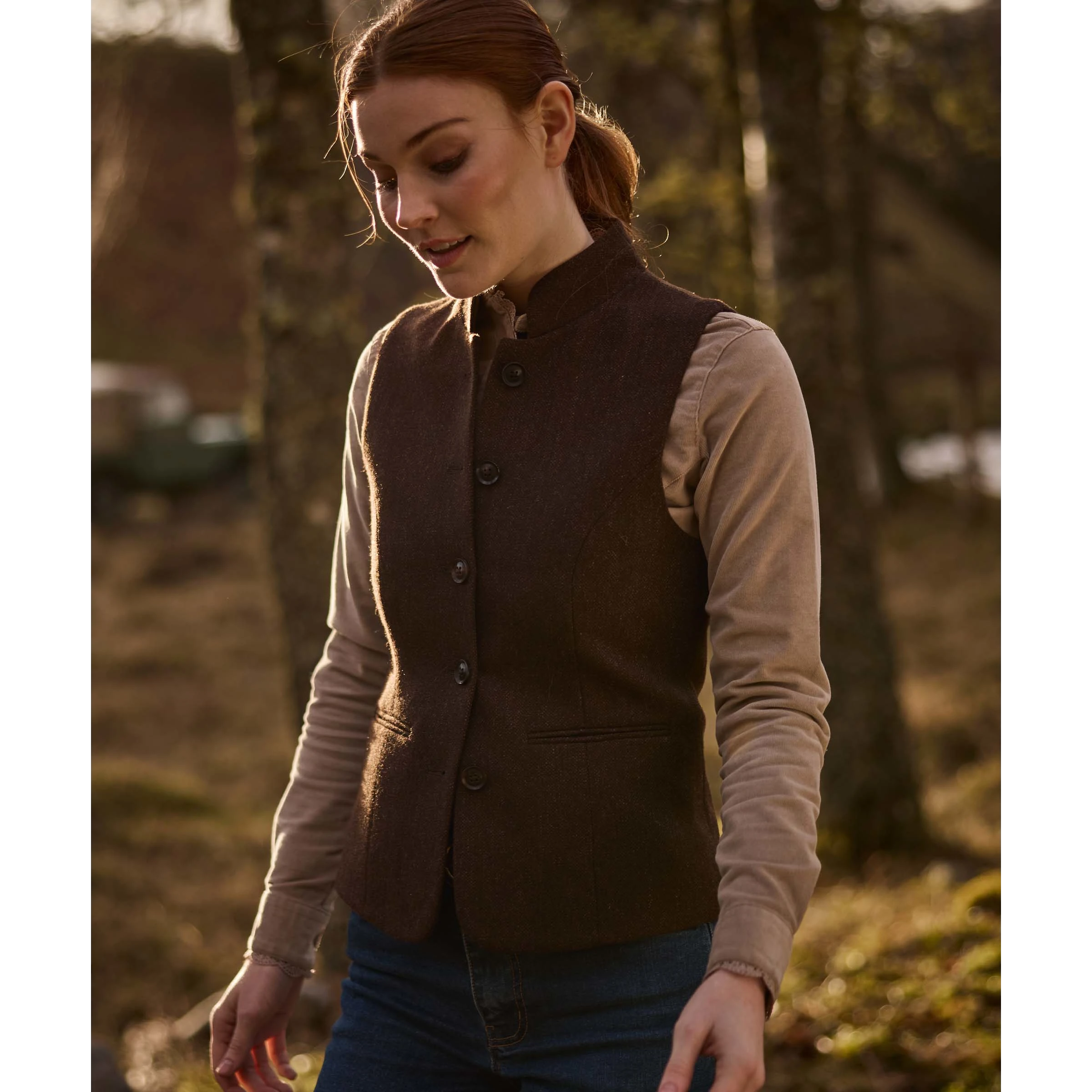 Schoffel Millport Tweed Nehru Waistcoat Chocolate Herringbone