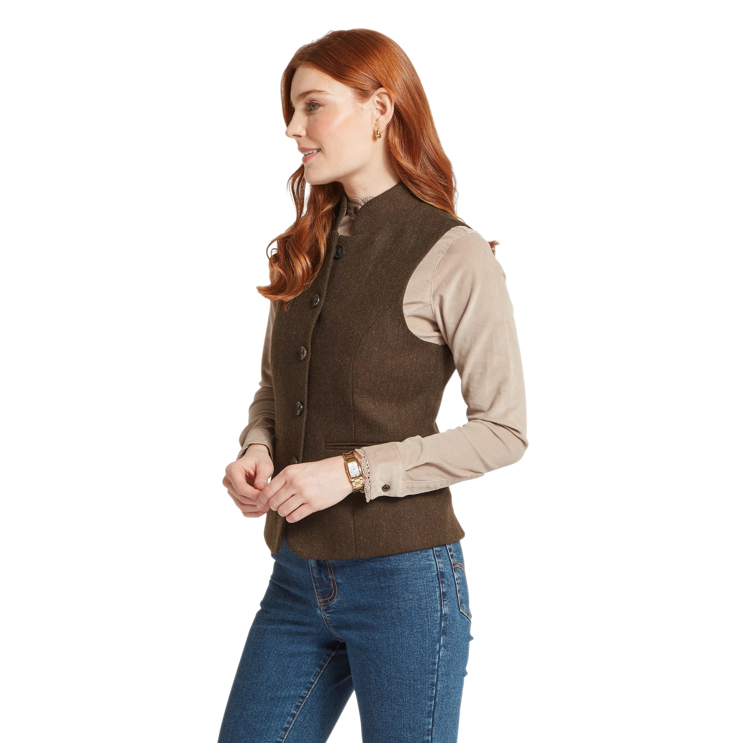 Schoffel Millport Tweed Nehru Waistcoat Chocolate Herringbone