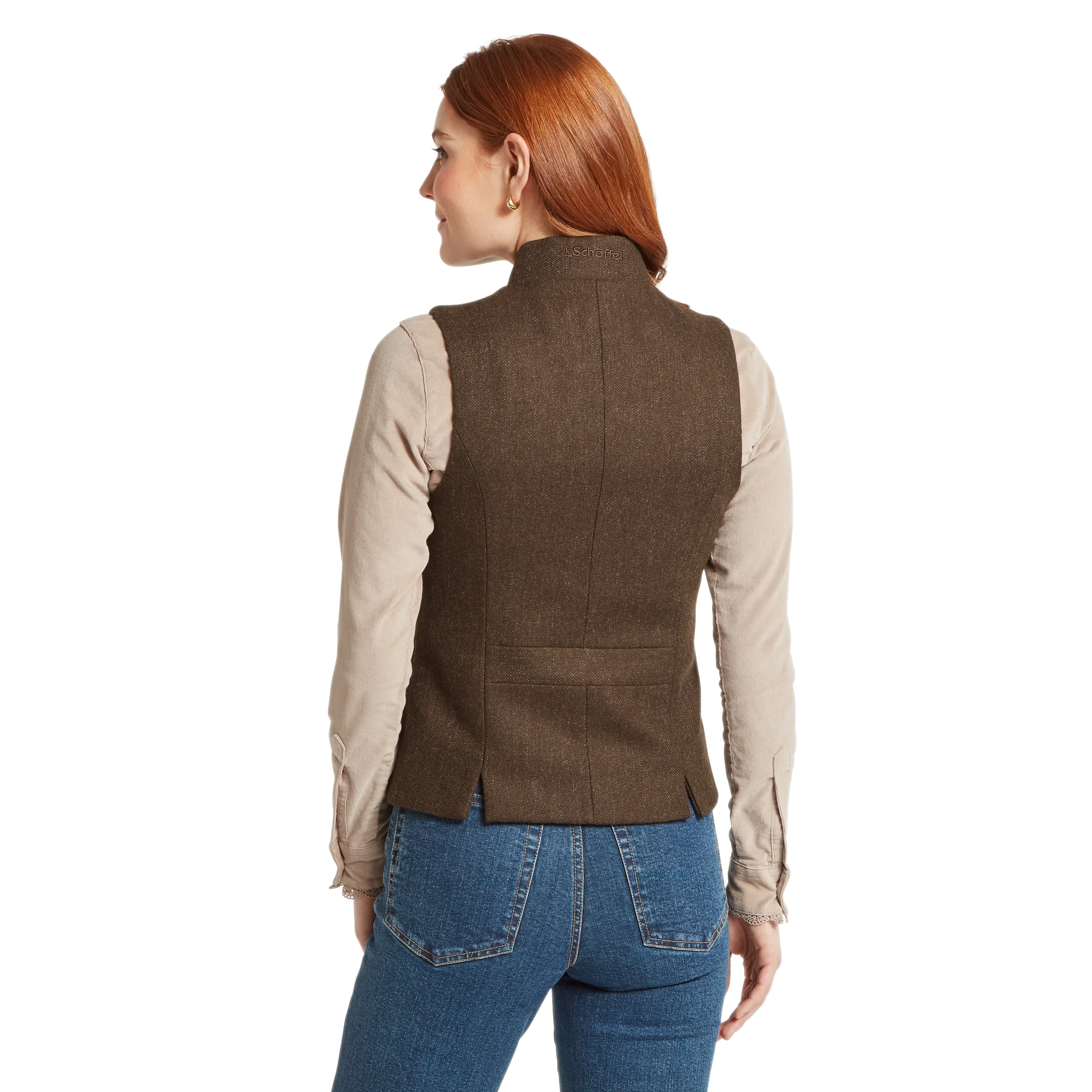 Schoffel Millport Tweed Nehru Waistcoat Chocolate Herringbone